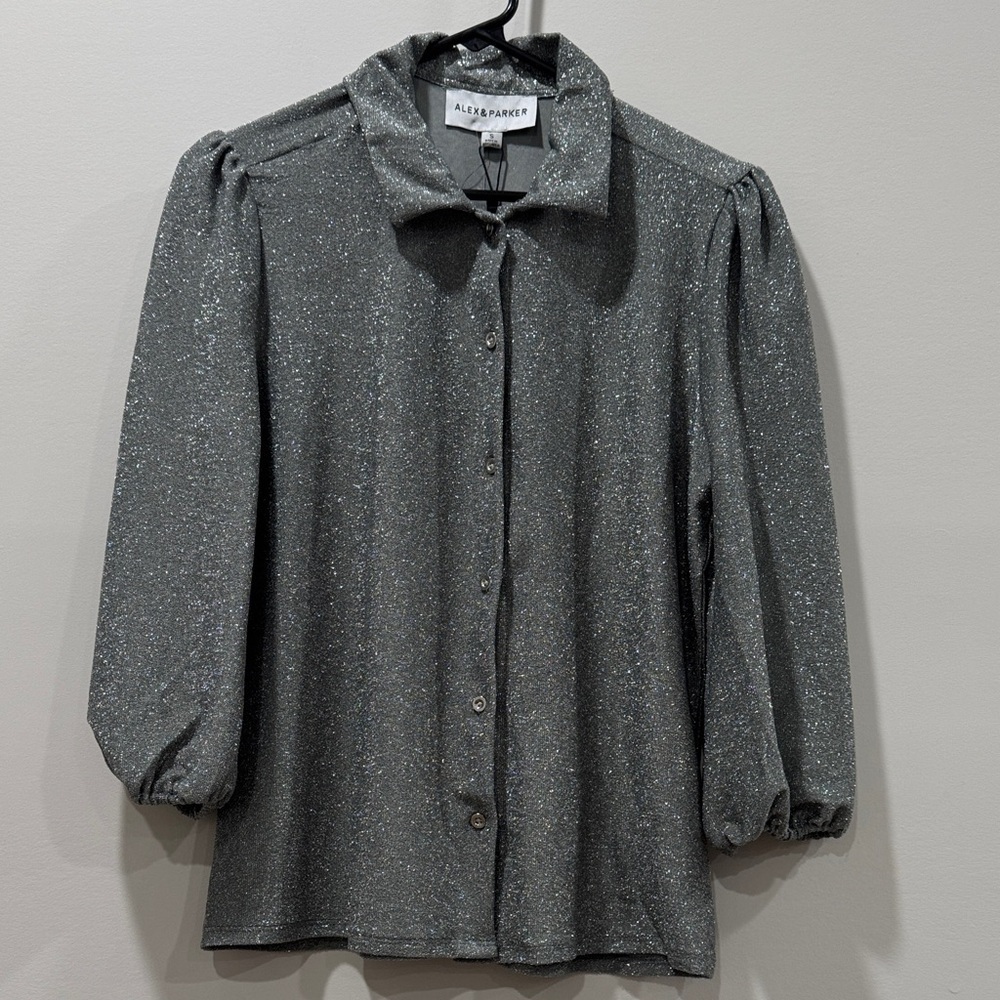 Alex & Parker Shimmering Silver Blouse With Gathered Cuff